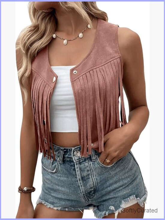 Jackets & Blazers - Suede Fringe Trim Sleeveless Crop Vest Jacket Button Front Coat
